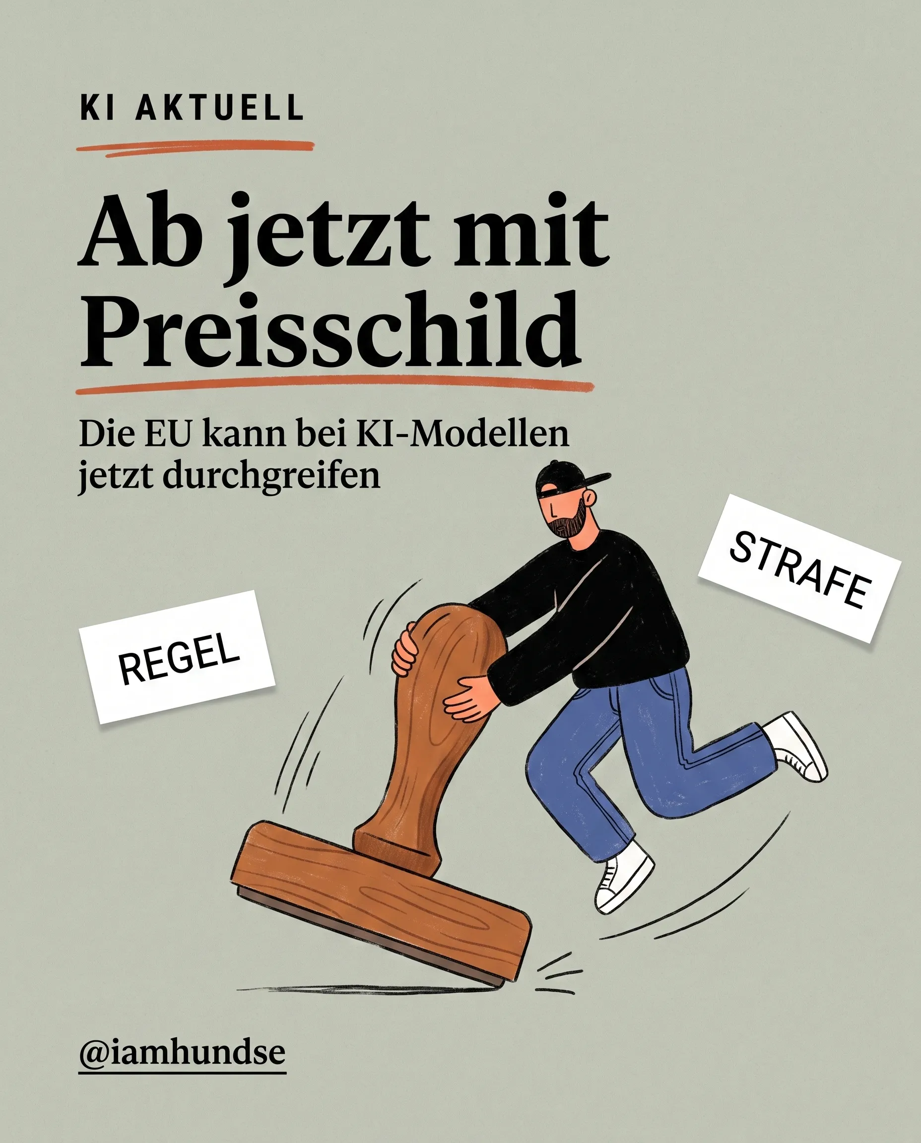 Gezeichneter Mann stemmt einen riesigen Holzstempel, daneben Etiketten mit REGEL und STRAFE.