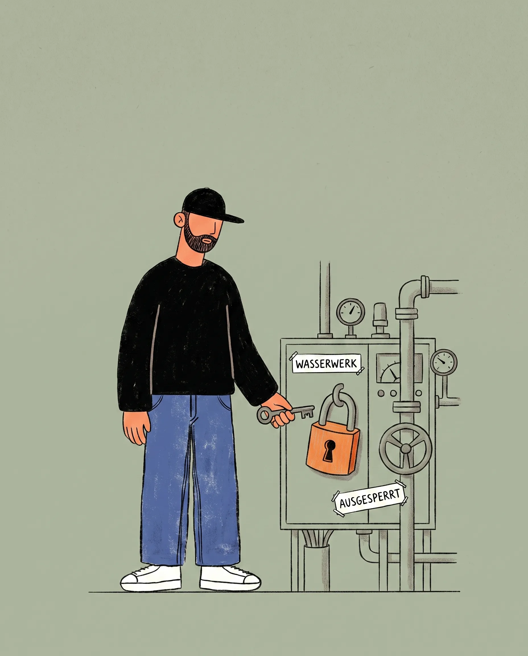 Der Dude steht vor einem Schaltschrank mit Ventilrad, an der Tür ein oranges Vorhängeschloss, daneben die Etiketten Wasserwerk und Ausgesperrt.